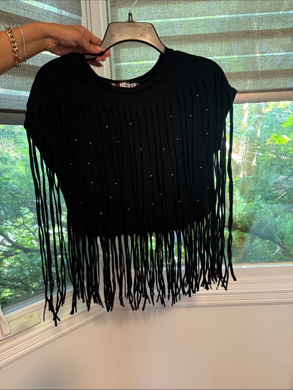 Fringed Black Women’s Sweater Top with Stud Detail